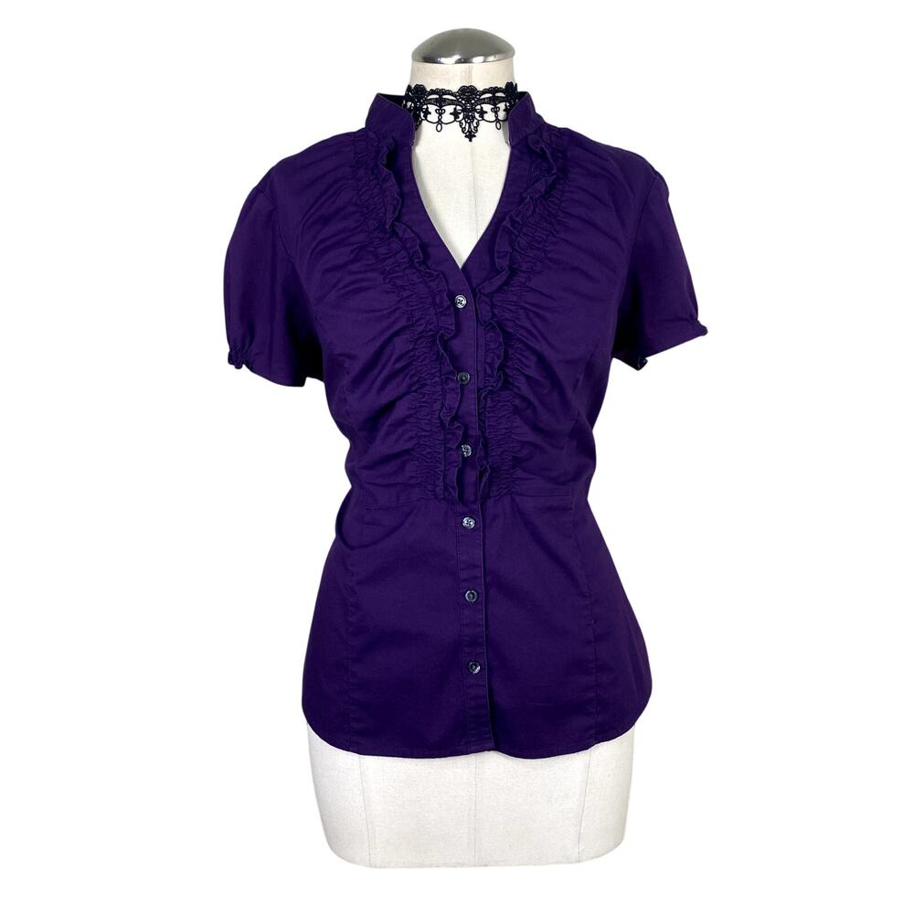 Vtg Y2k Express Purple Ruched Ruffle Button Down Blouse Coquette Office Retro LG